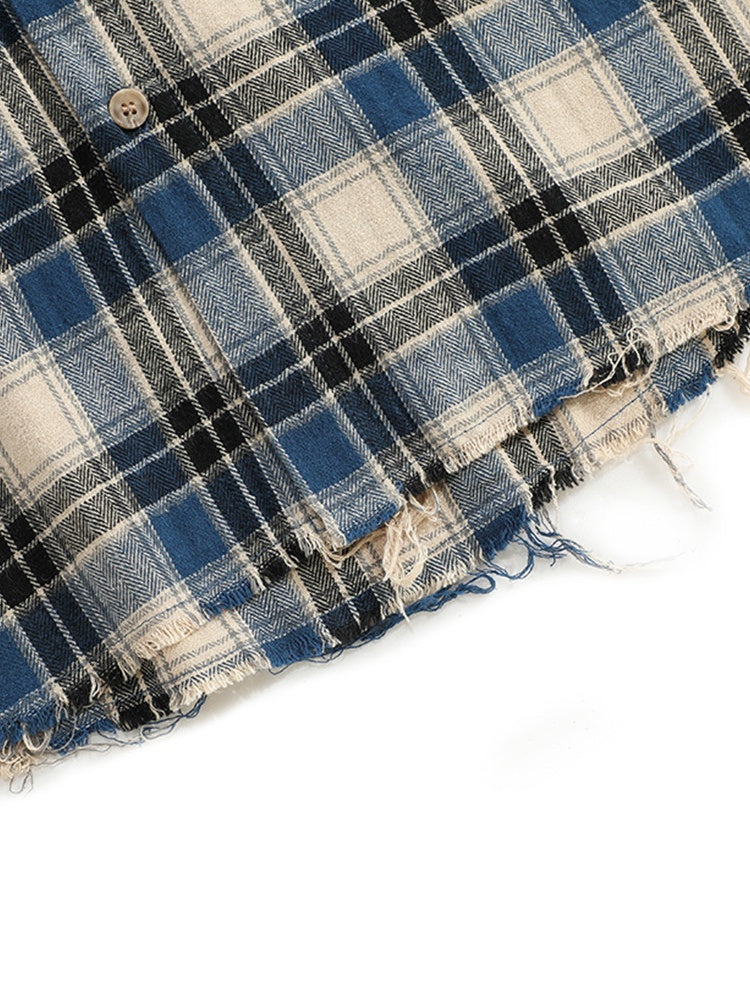 Contrasting Colors Plaid Loose Lapel Raw Edge Buttons Long-sleeved Shirt