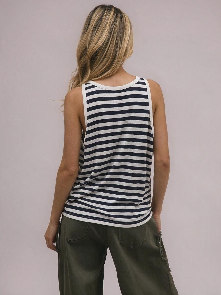 Linen-Blend Striped Scoop-Neck Knit Tank