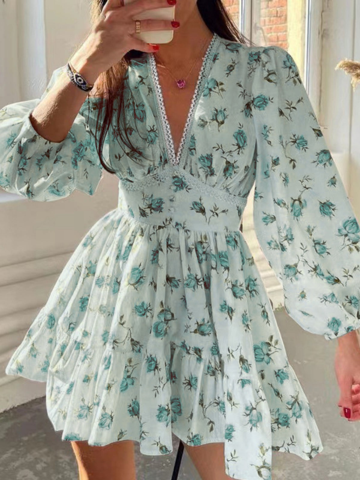 Floral Lace Deep V-neck Waist Puff Sleeve Sweet Mini&Short Dresses