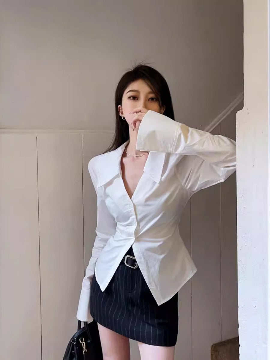 White Collared Long-sleeved Shirt For Women, Slim Fit, Waist-cinching Design, Unique And Stylish Top.