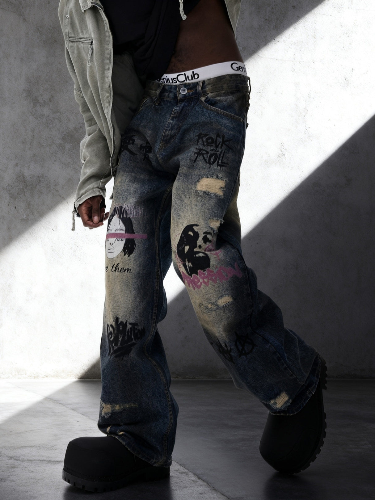 Face Graffiti Loose-fit Distressed Washed Fake Hole Jeans
