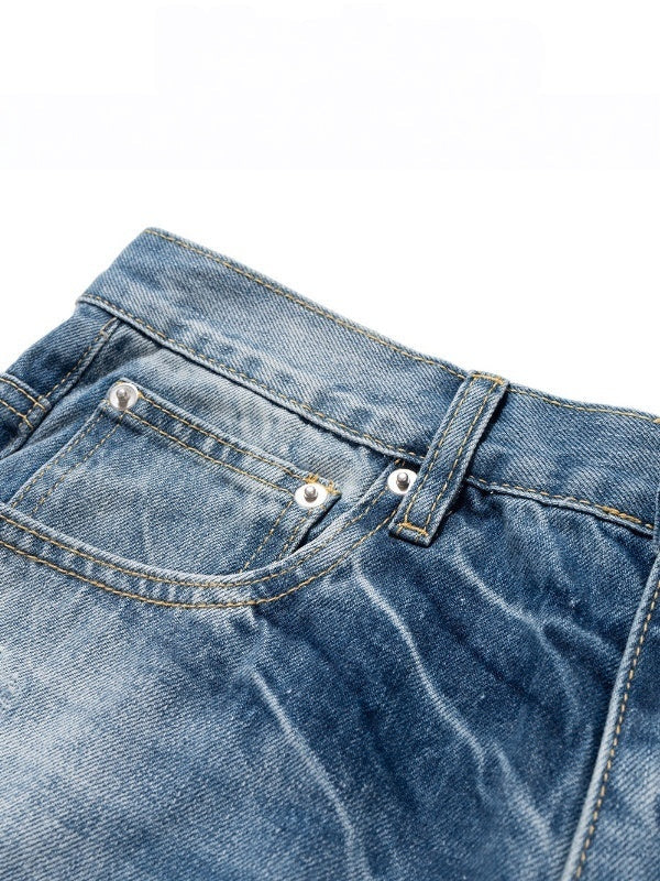 Retro Washed Cat Whiskers Hole Micro Loudspeaker Wide-leg Mopping Jeans