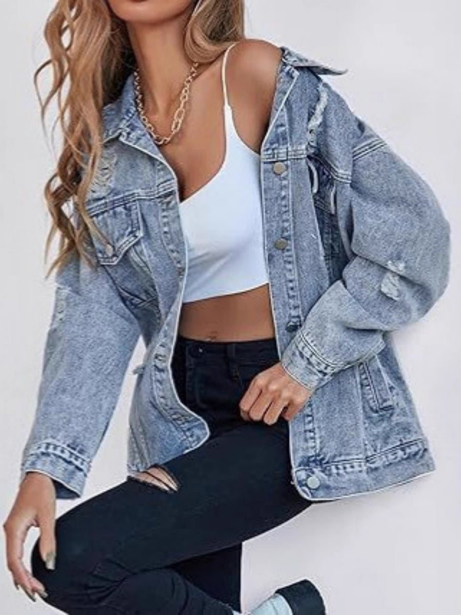 Loose-fitting Distressed Jeans Ripped Design Workwear Style Casual Jacket