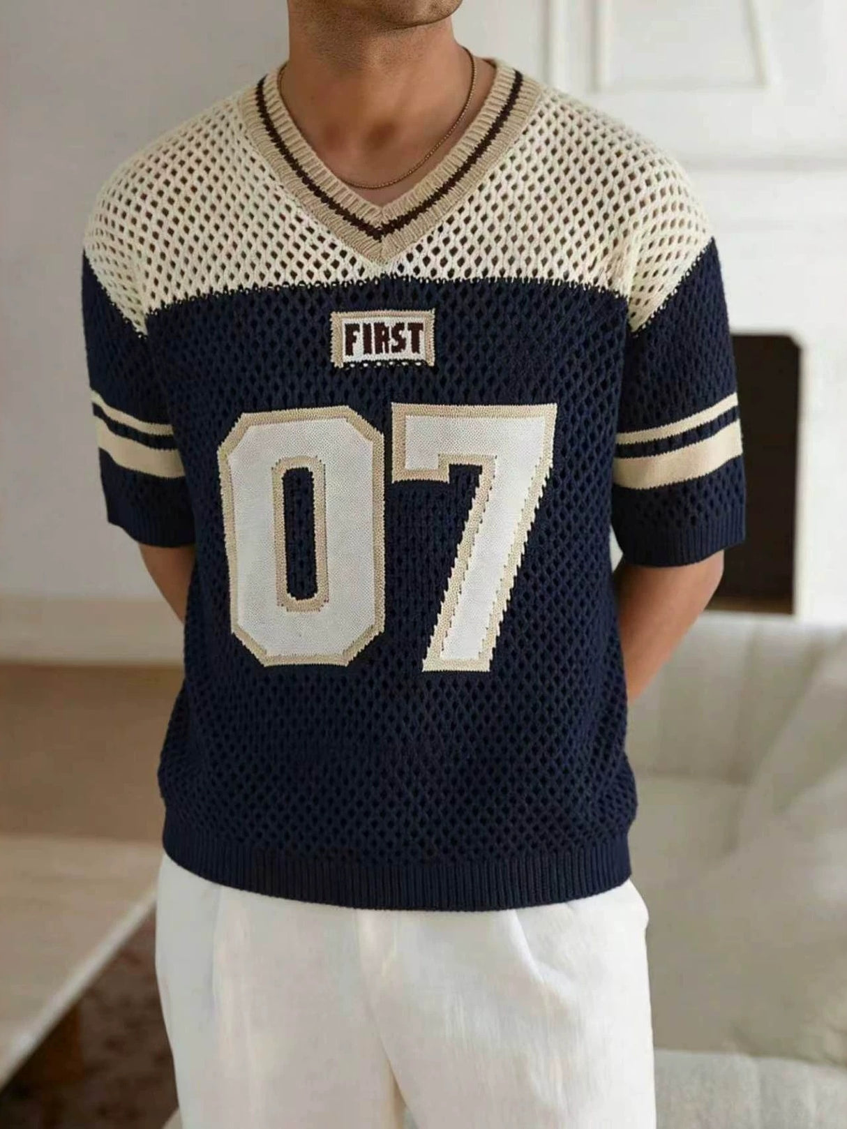 Hollow Out Stripes Color-blocked Number Knitting T-shirts