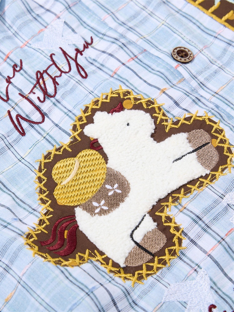 Cartoon Embroidery Plaid Loose-fit Shirts