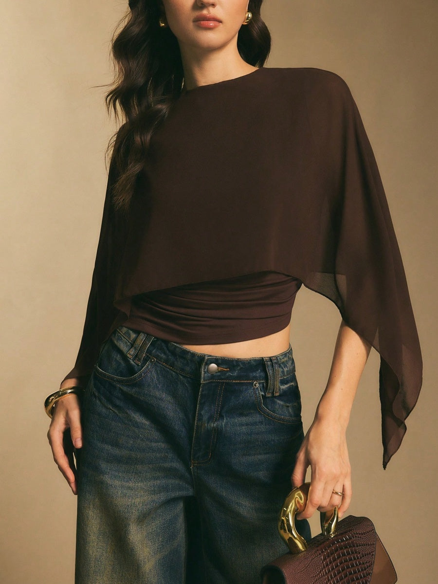 Cape-sleeve T-shirt, Round Neck, Loose Chiffon Cover-up, Elegant Irregular Top/T-shirt