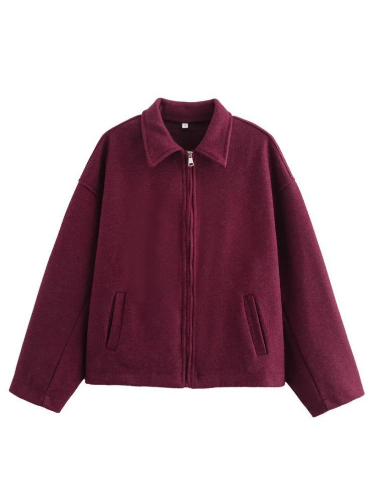 Lapel Zipper Solid Color Simple Oversized Woolen Jacket