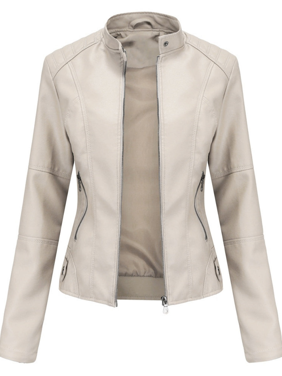 Veste en cuir à col montant et fermeture éclair, style urbain décontracté
