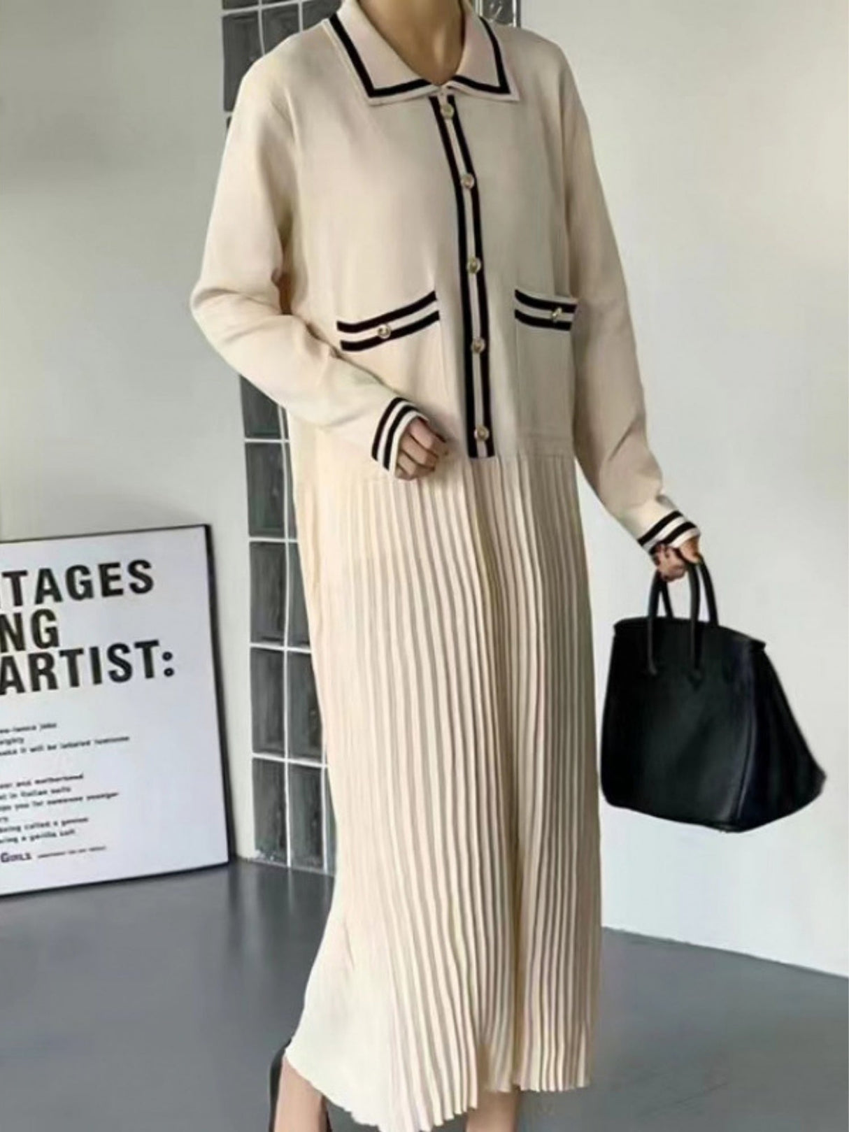 Lapel Contrasting Trim Elegant Chanel Style Pleated Loose Long Knitted Dress