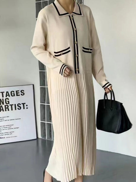 Lapel Contrasting Trim Elegant Chanel Style Pleated Loose Long Knitted Dress