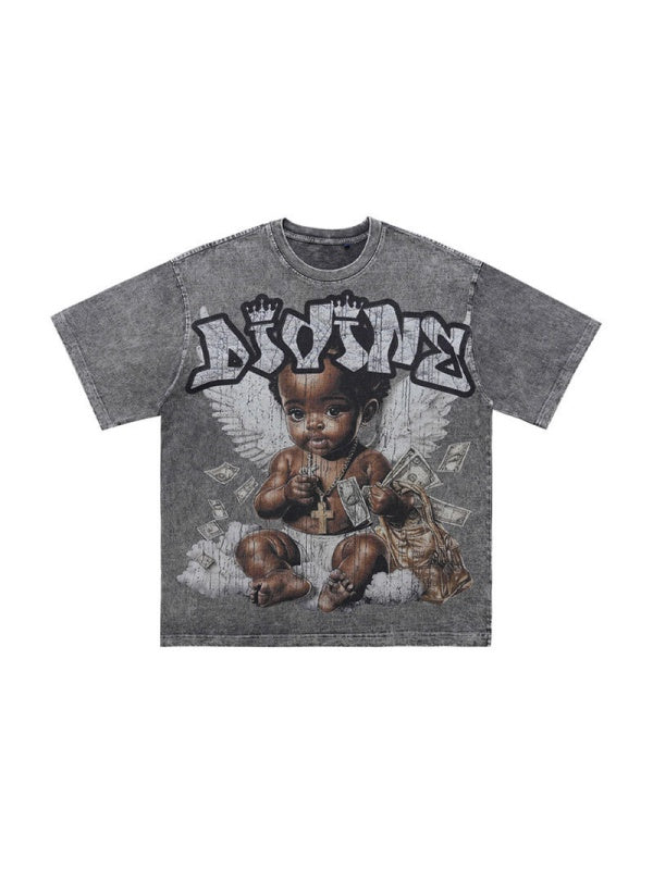 Washing Water Retro Angel Child Printed Loose-fit T-shirts