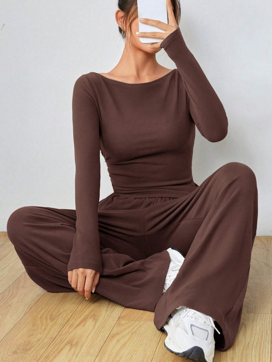 Pocket Solid Color Large Round Neck Long Sleeve Pants 2-piece Sets