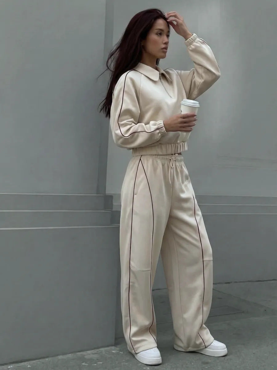 American Retro Color-blocked Striped Tracksuit For Women Two-piece Set: Collared Half-zip Sweatshirt And High-waisted Wide-leg Sweatpants