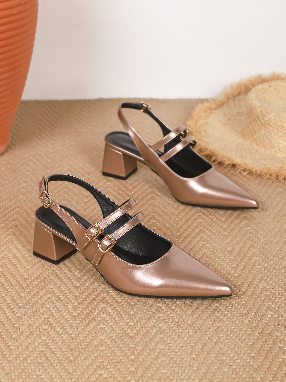 Metal Buckle Pointed Toe Open Back Chunky Heel Mary Jane Shoes