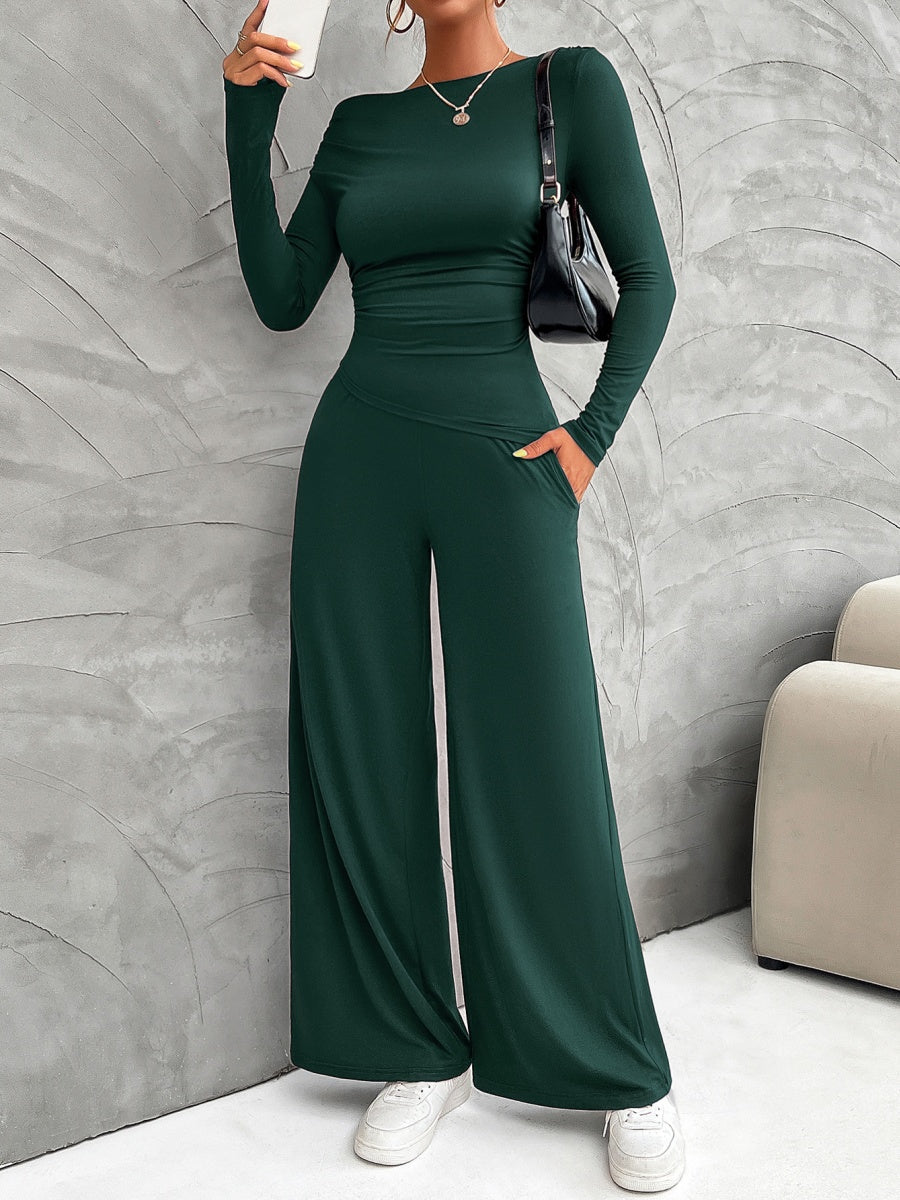 Leisure Pleated Solid Color Long Sleeve 2-piece Sets