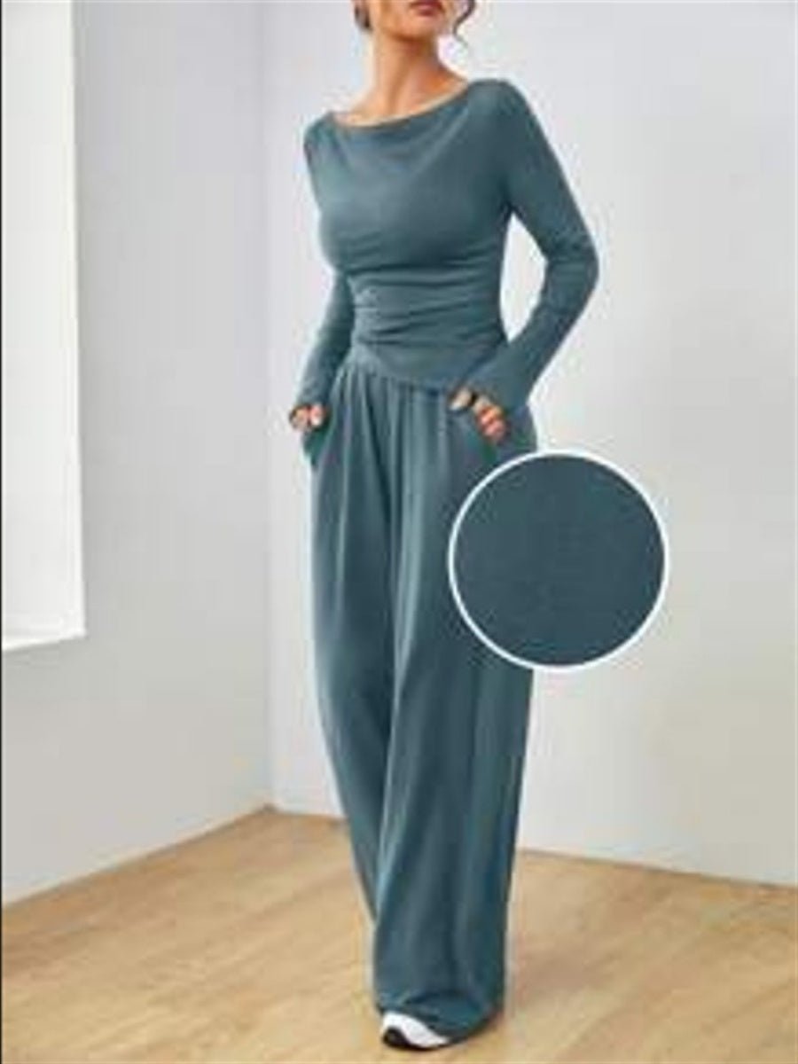 Pocket Solid Color Large Round Neck Long Sleeve Pants 2-piece Sets