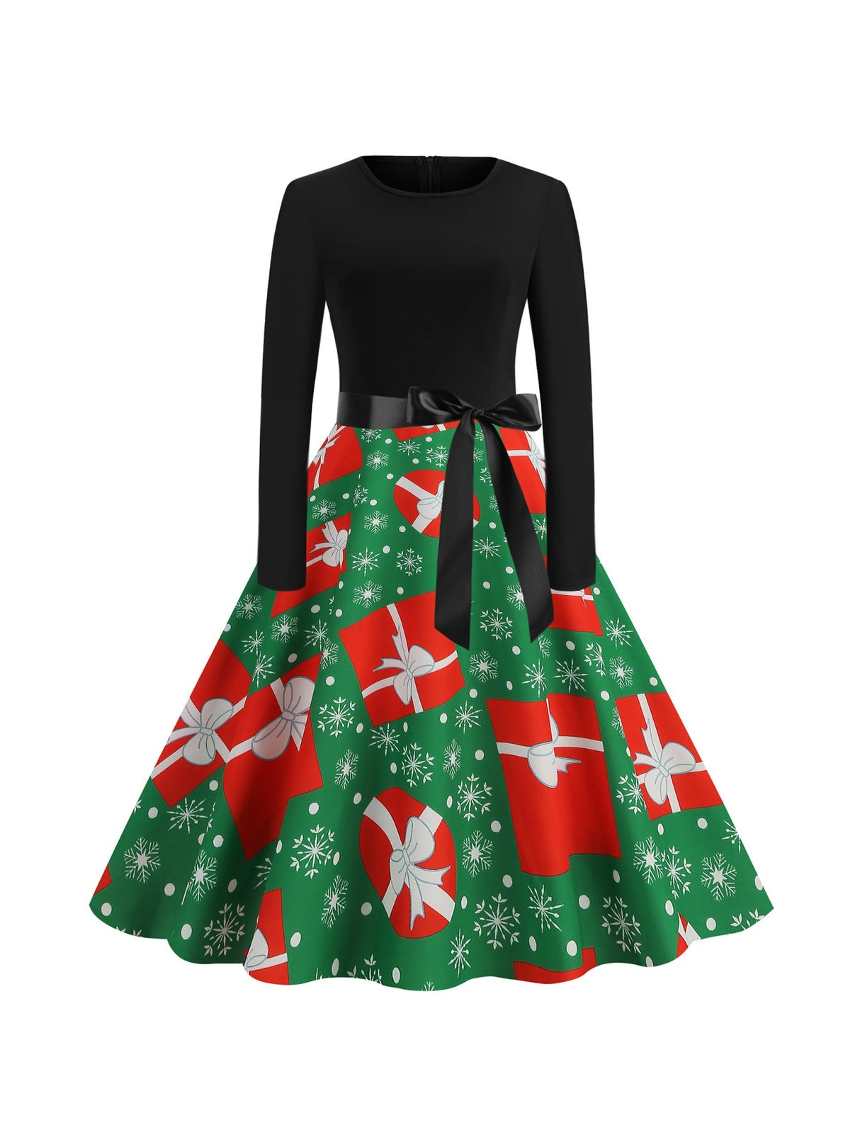 Christmas Crew Neck Splicing Long Sleeve Midi Dresses