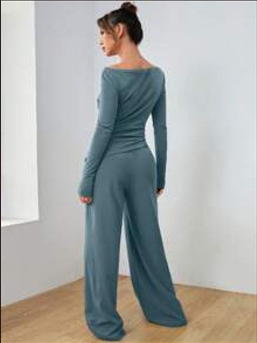 Pocket Solid Color Large Round Neck Long Sleeve Pants 2-piece Sets