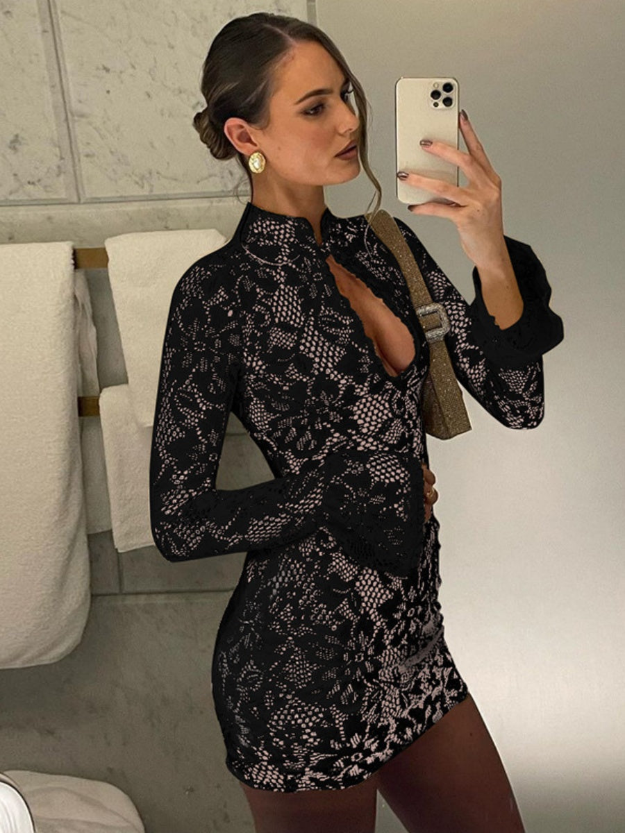 Lace Cutout Bodycon Bell Sleeves Mini&Short Dresses