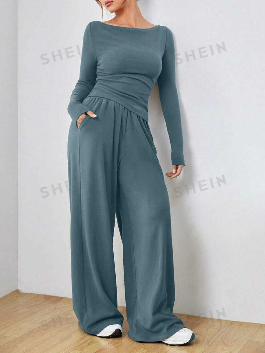 Pocket Solid Color Large Round Neck Long Sleeve Pants 2-piece Sets