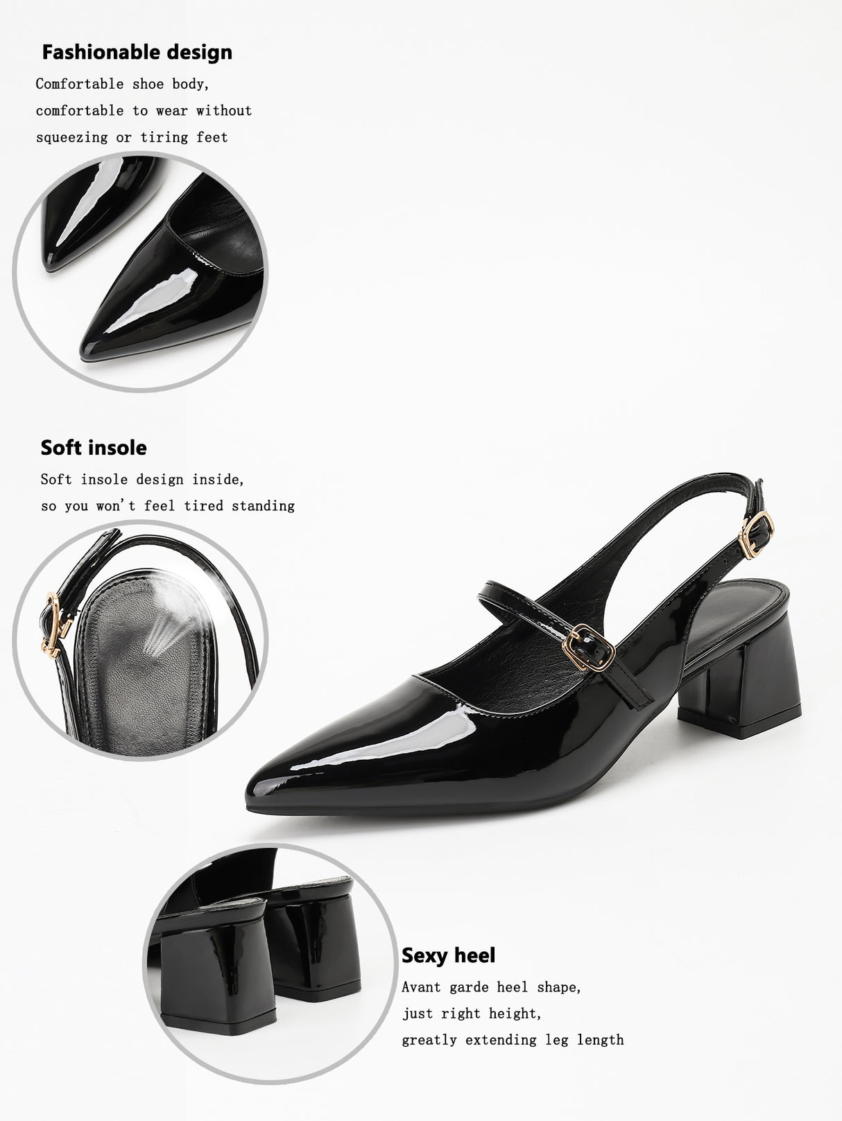 Metal Buckle Pointed Toe Open Back Chunky Heel Mary Jane Shoes