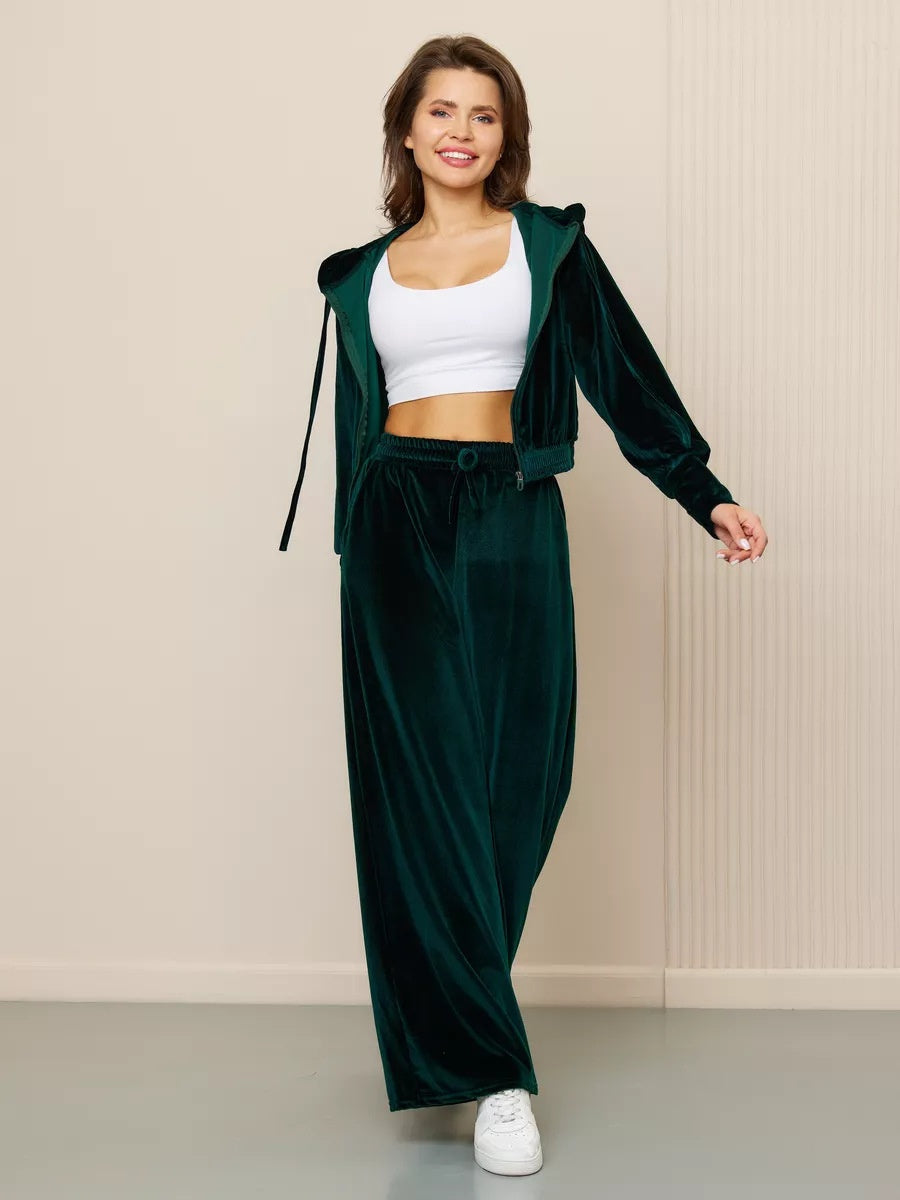 Velvet Zipper Cardigan, Silver Fox Fleece Sweatshirt, Lace-Up Pants 2-piece Sets