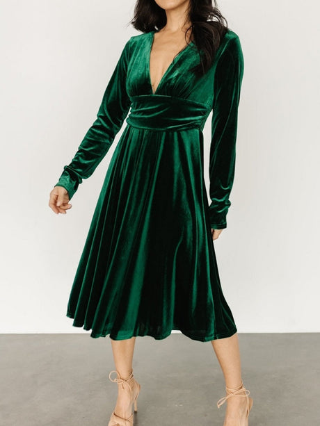 V-neck Long Sleeve Pleated Velvet Midi Dresses