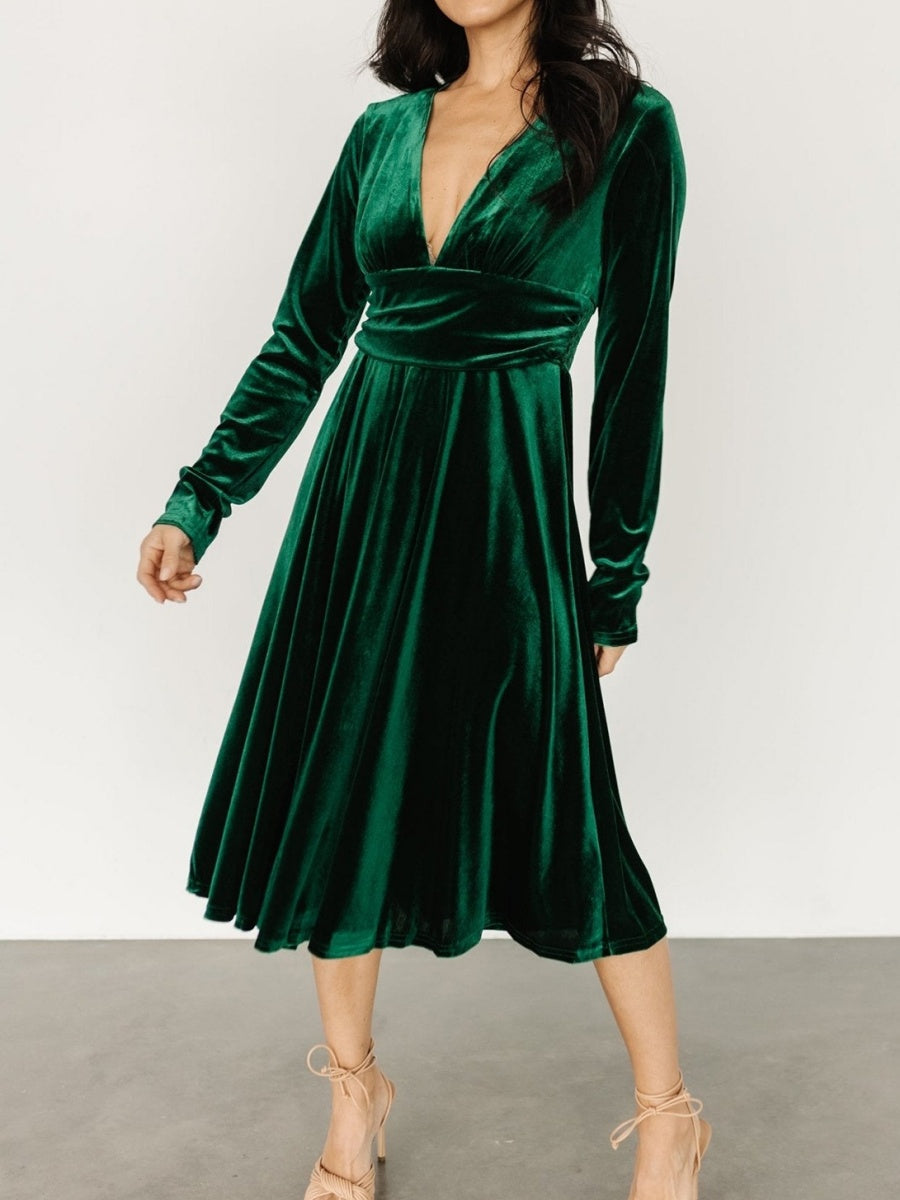 V-neck Long Sleeve Pleated Velvet Midi Dresses
