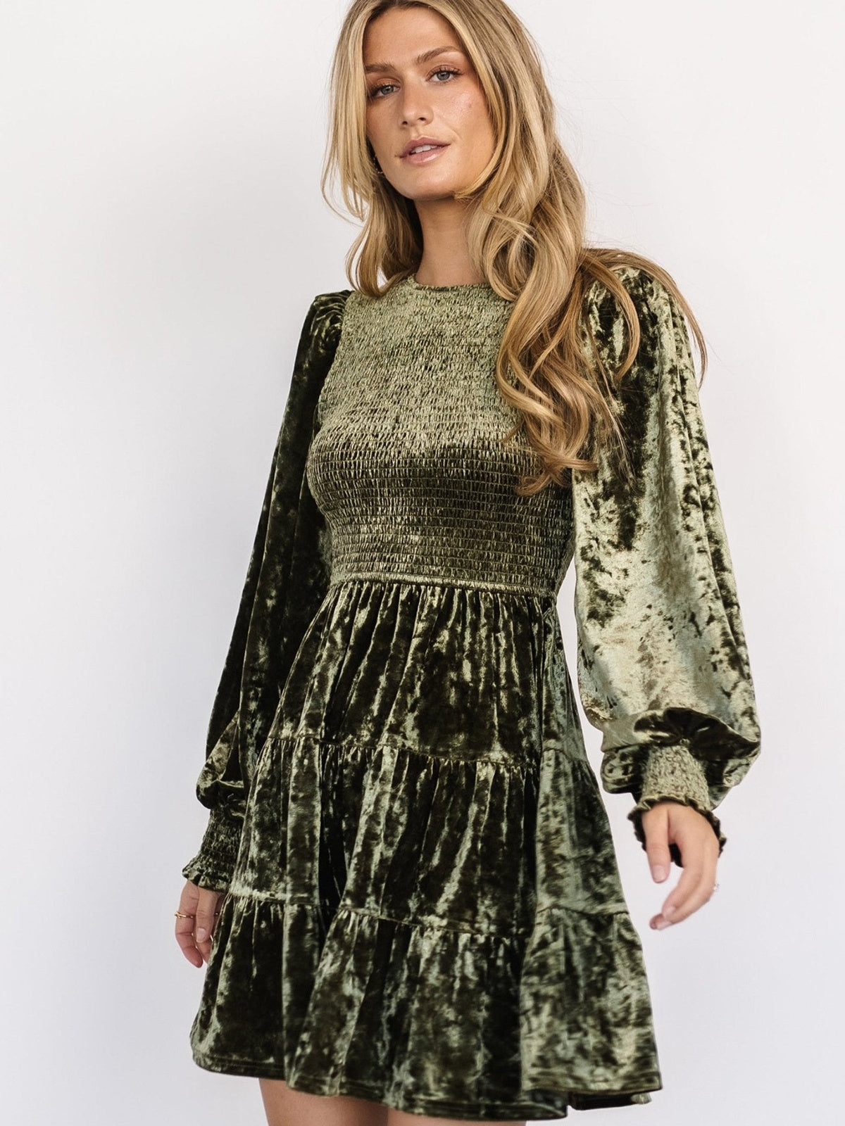 Ruffle Gathering Long Sleeve Velvet Mini&Short Dresses