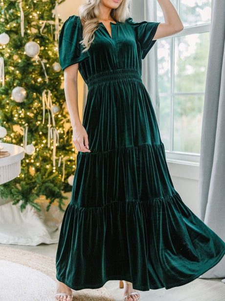 Splicing Short Sleeve Velvet Maxi Dresses