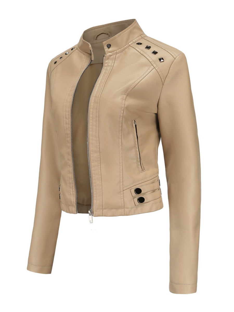 Studs Long Sleeve Stand Collar PU Leather Jackets