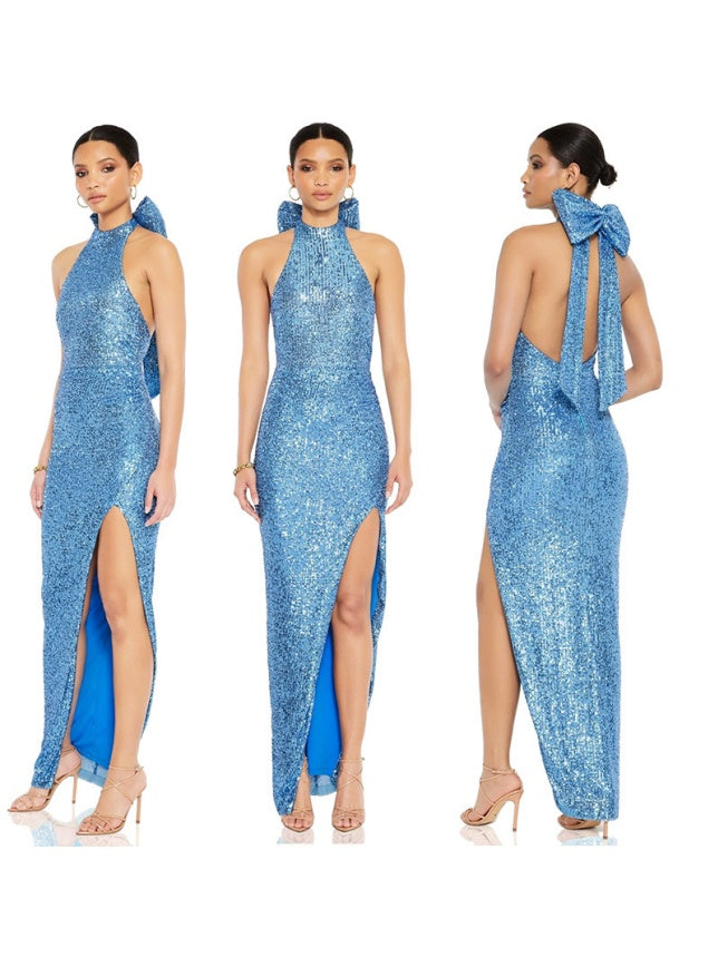 Sequined Large Bow Halter Neck Backless Parties Maxi Dresses