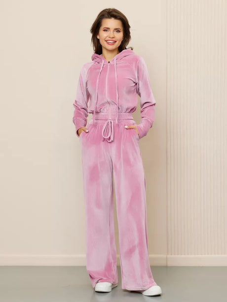 Velvet Zipper Cardigan, Silver Fox Fleece Sweatshirt, Lace-Up Pants 2-piece Sets