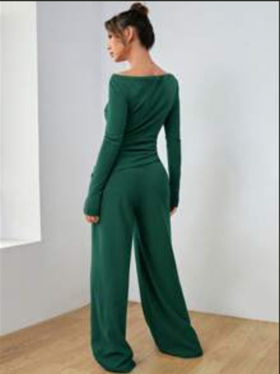 Pocket Solid Color Large Round Neck Long Sleeve Pants 2-piece Sets