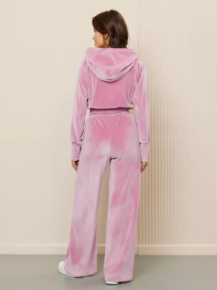 Velvet Zipper Cardigan, Silver Fox Fleece Sweatshirt, Lace-Up Pants 2-piece Sets