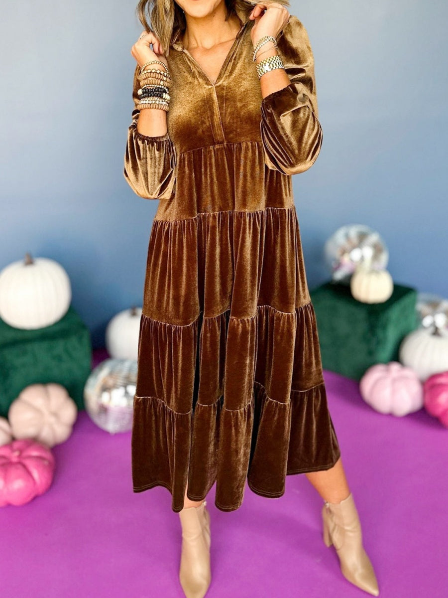 Velvet V-neck Multi-layer Ruffles Maxi Dresses