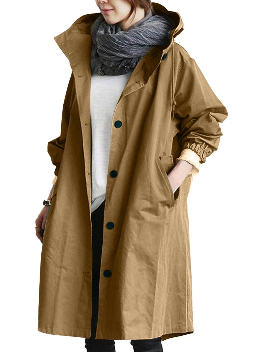 Oversized Hooded Single-Breasted Mid-Length Trench Coat