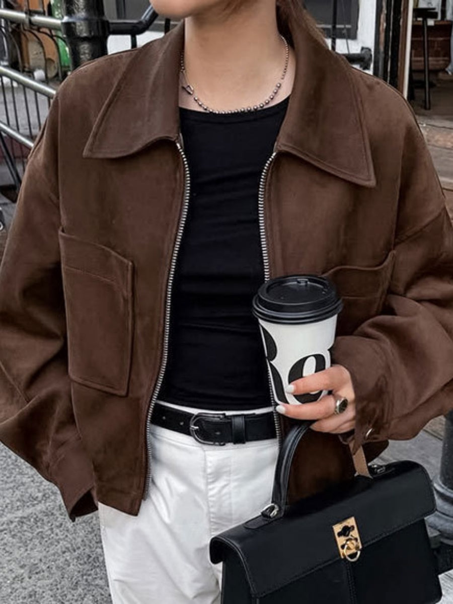 Basic Suede Pocket Trim Dark Brown Jacket