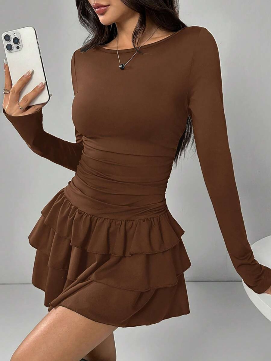 Round Neck Slim Fit Multi-layer Ruffles Party Cocktail Short Dress