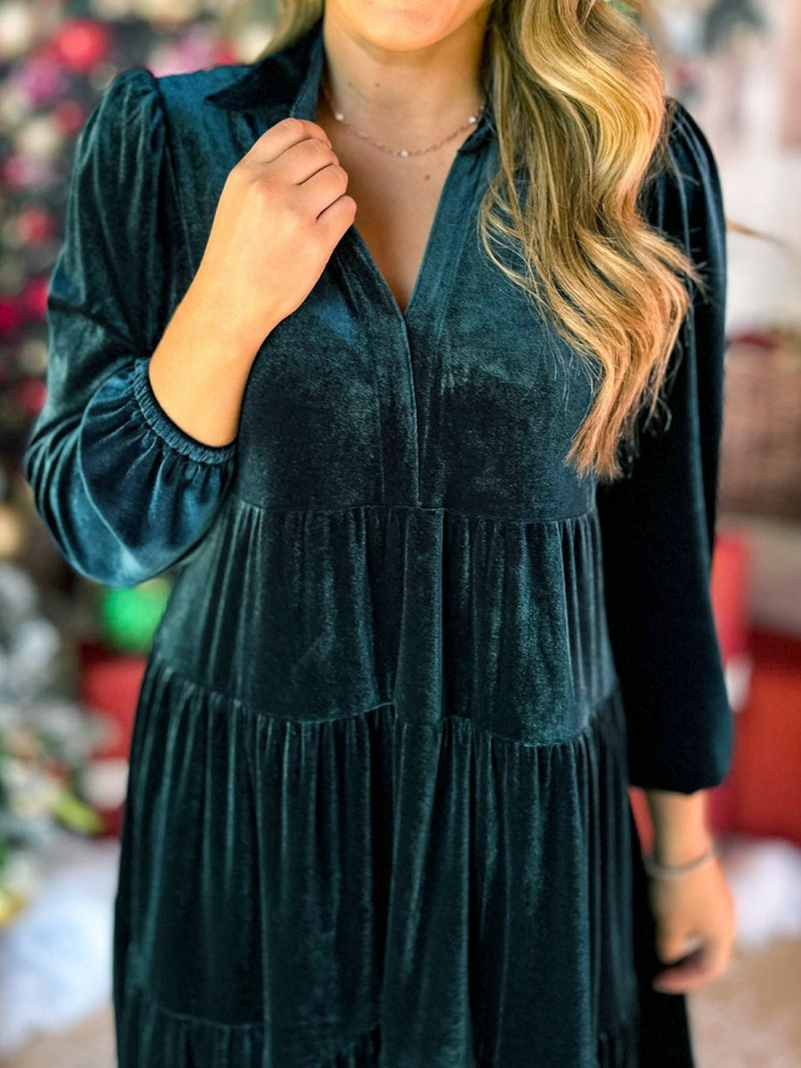 Velvet V-neck Multi-layer Ruffles Maxi Dresses