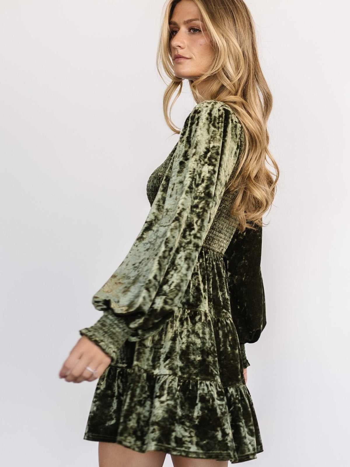 Ruffle Gathering Long Sleeve Velvet Mini&Short Dresses