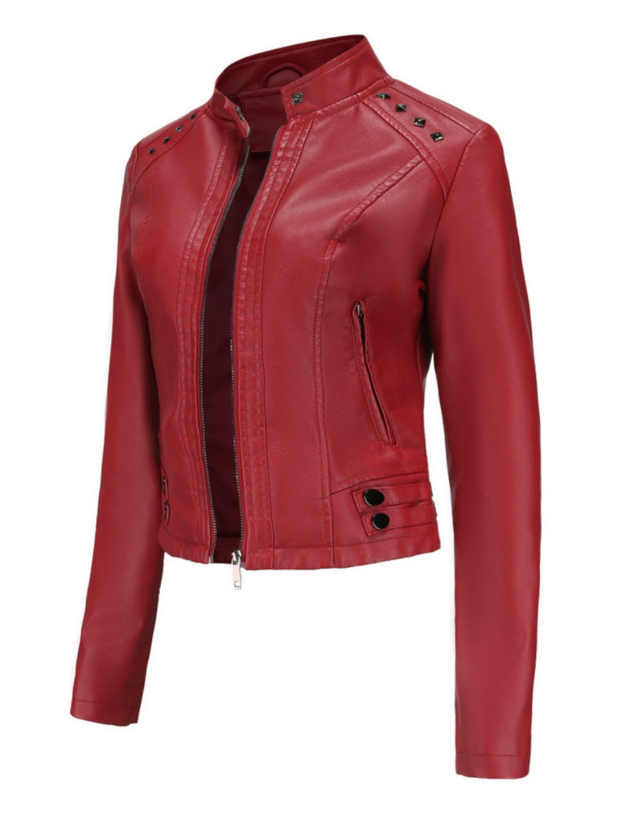 Studs Long Sleeve Stand Collar PU Leather Jackets