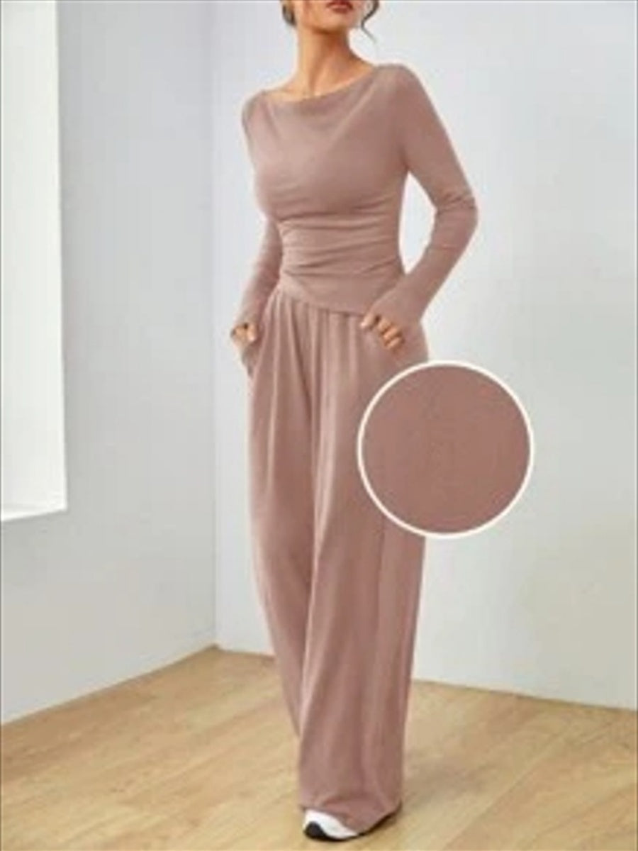 Pocket Solid Color Large Round Neck Long Sleeve Pants 2-piece Sets