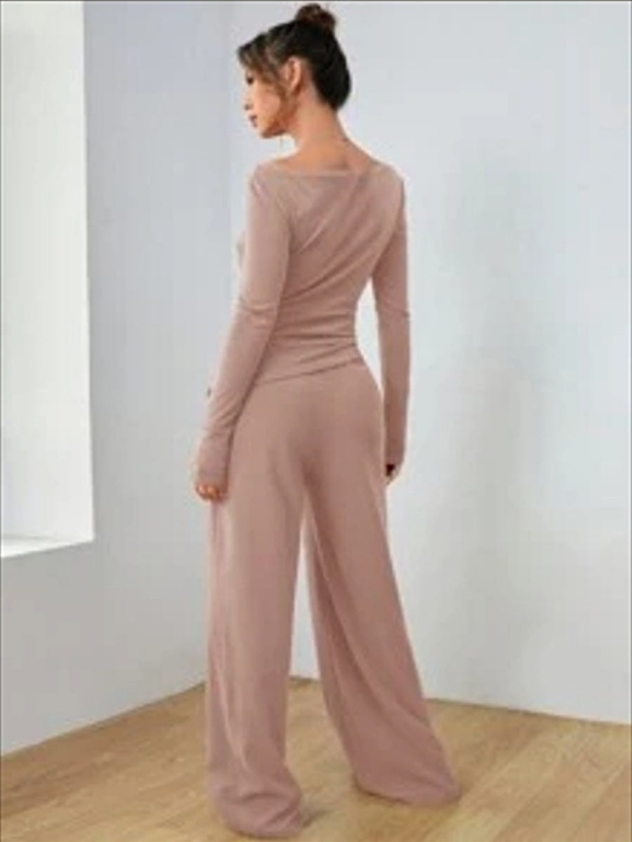 Pocket Solid Color Large Round Neck Long Sleeve Pants 2-piece Sets