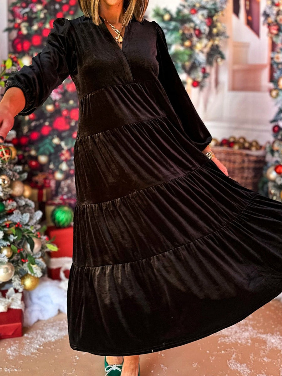 Velvet V-neck Multi-layer Ruffles Maxi Dresses