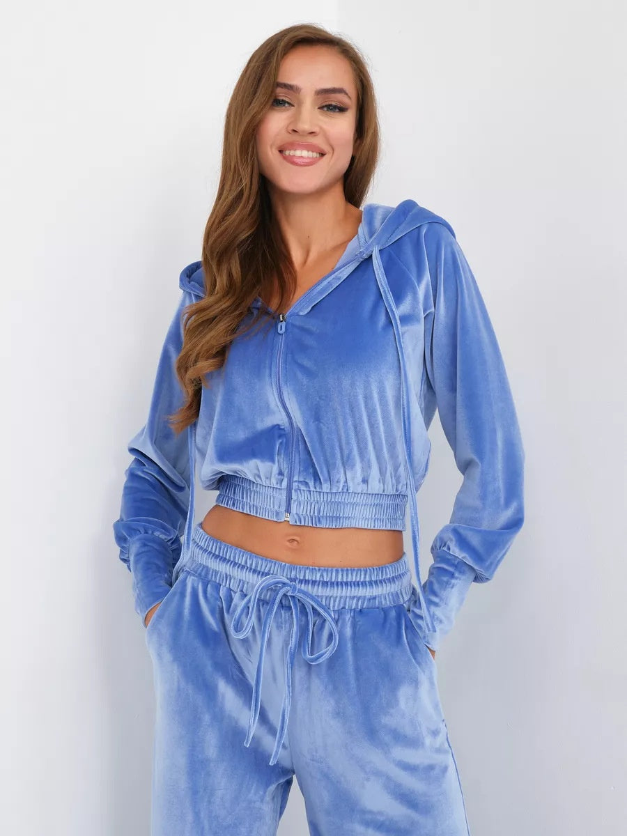 Velvet Zipper Cardigan, Silver Fox Fleece Sweatshirt, Lace-Up Pants 2-piece Sets