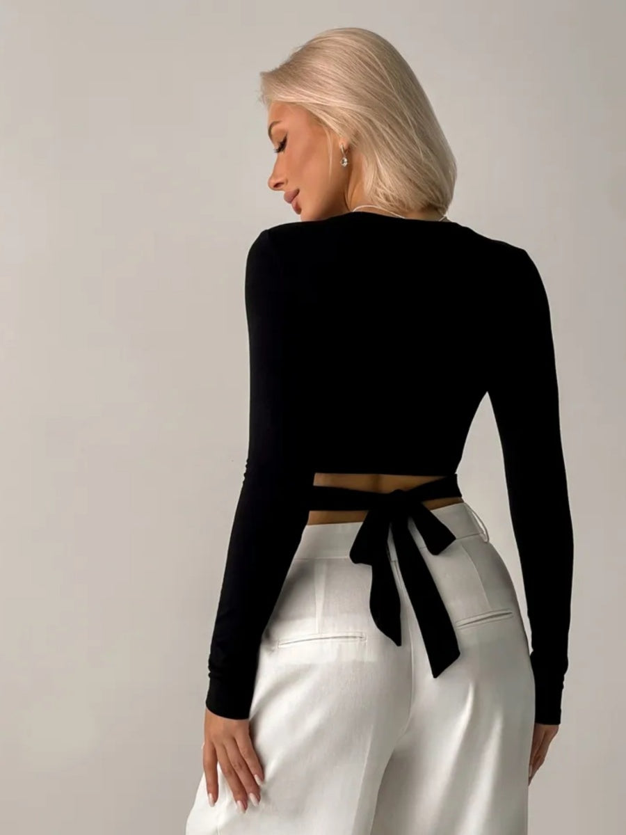 Short And Slim Fit Navel Short Jacket Hollow Bandage Long-sleeved T-shirt