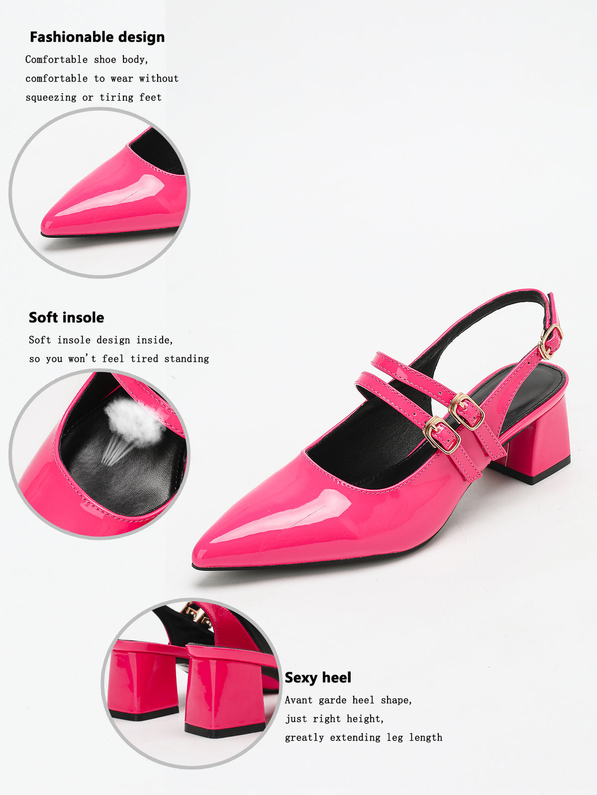 Metal Buckle Pointed Toe Open Back Chunky Heel Mary Jane Shoes