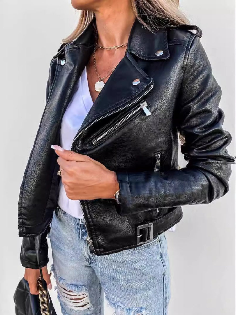 Vestes courtes en cuir PU avec poche zippée