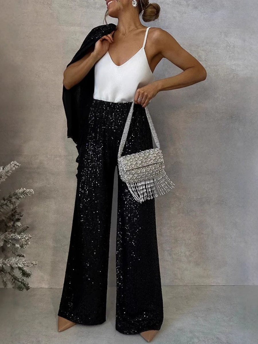 Paillettenanzug, Größe S, hochtaillierte, lässige Hose mit geradem Bein, 2-teiliges Set